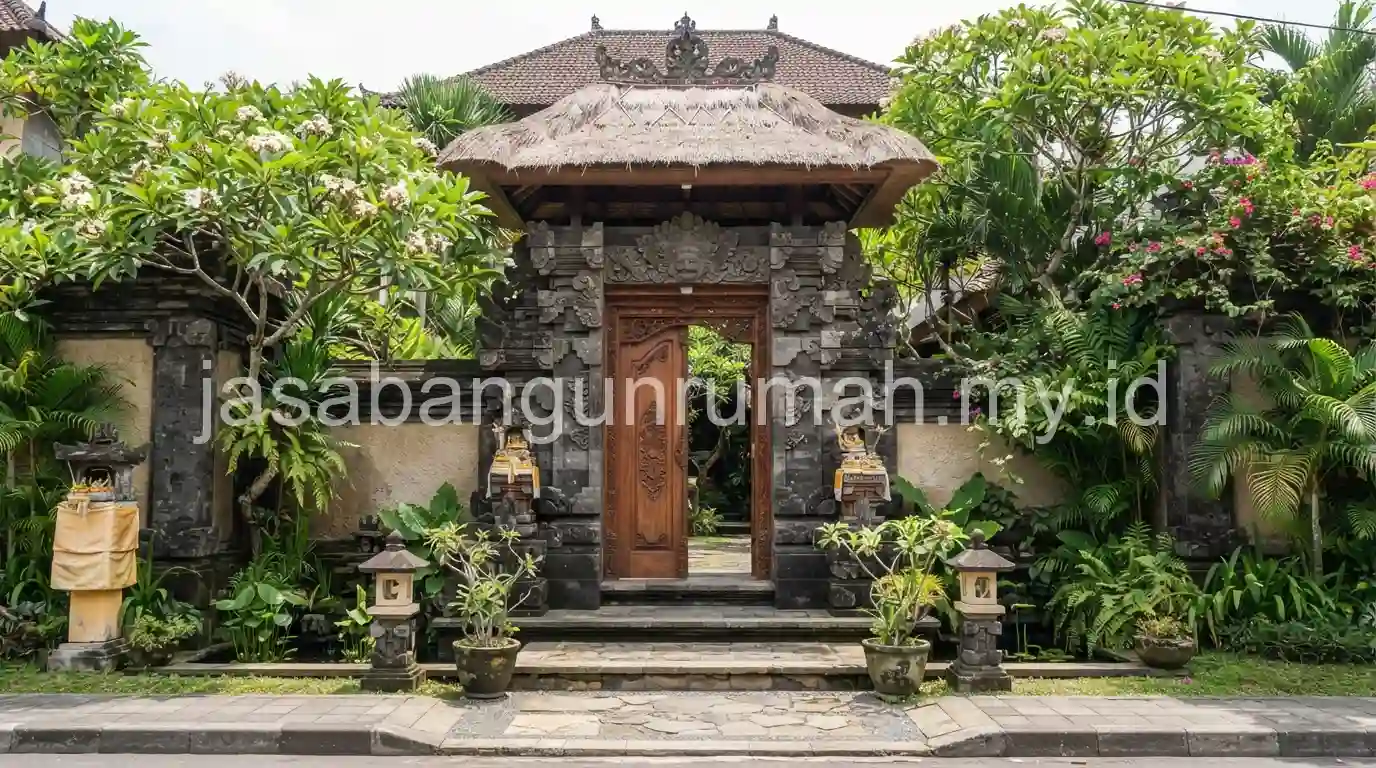Courtyard taman tengah pada rumah bergaya arsitektur Bali modern tropis dengan batu paras, kayu, dan tanaman tropis