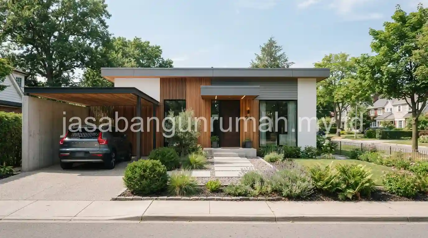 Fasad rumah minimalis satu lantai dengan atap datar dan dinding putih